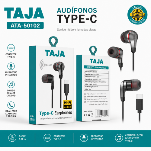 Audífonos alámbricos Type-C con micrófono modelo ATA-50102. Venta por mayoreo Audífonos alámbricos Type-C con micrófono modelo ATA-50102. Venta por mayoreo