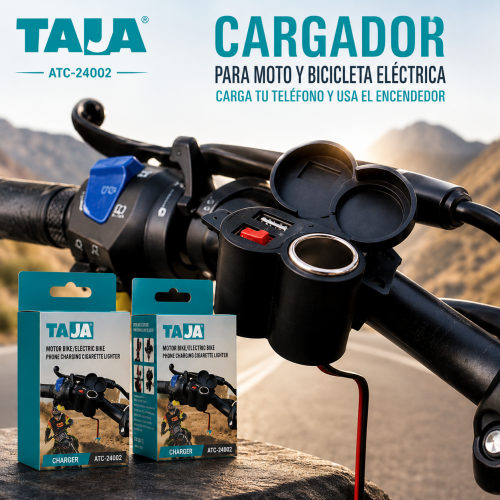 Cargador para moto y bicicleta eléctrica, con carga de teléfono y encendedor. Venta por mayoreo