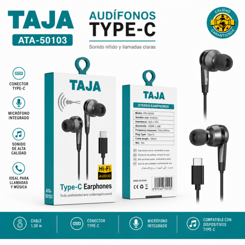 Audífonos alámbricos Type-C con micrófono modelo ATA-50103. Venta por mayoreo Audífonos alámbricos Type-C con micrófono modelo ATA-50103. Venta por mayoreo