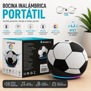 Bocina inalámbrica portátil con diseño de balón y luces RGB, ideal para escuchar música en distintos espacios. Venta por mayoreo