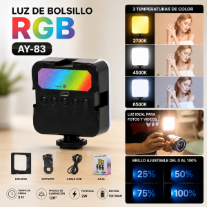 Luz de bolsillo RGB AY-83 con temperatura de color ajustable de 2700K a 6500K, brillo regulable y batería integrada, ideal para fotos y videos. Venta por mayoreo
