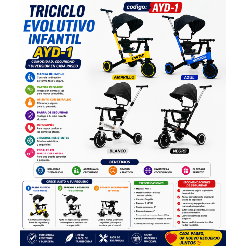 Triciclo Infantil Evolutivo AYD-1 con Capota, Manija de Empuje y Barra de Seguridad