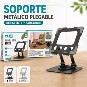 Soporte metálico plegable, ideal para colocar dispositivos sobre mesa o escritorio. Venta por mayoreo
