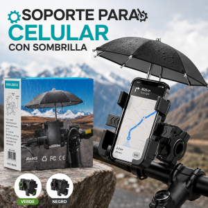 Soporte para celular con sombrilla y sistema de sujeción para manubrio, ideal para bicicleta o moto. Venta por mayoreo