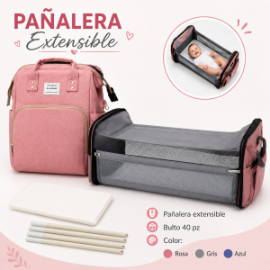 Pañalera extensible que se convierte en cuna portátil. Colores variados rosa, gris y azul. Venta por mayoreo.