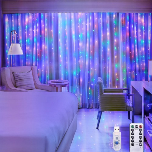 Cortina de luces LED multicolor con conexión USB y control remoto. Perfecta para decorar ventanas, cortinas, paredes o fondos de eventos Venta al por mayor  BD-0100C