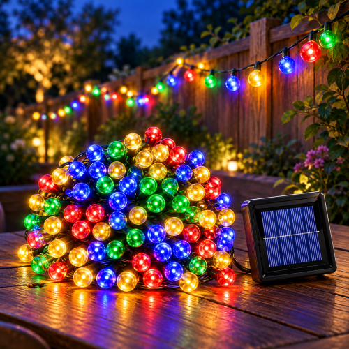 Serie de luces solares multicolor de 30 m con 300 luces y 8 modos de iluminación, ideal para jardines, balcones y terrazas. Venta por mayoreo