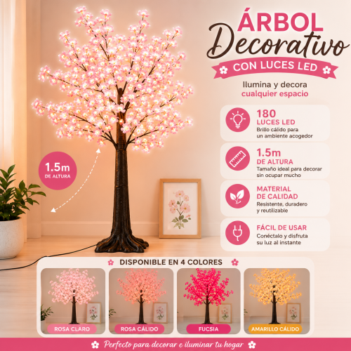 Árbol decorativo con luces LED, diseño de 1.5 m de altura, 180 luces LED. Varios colores. Venta por mayoreo Árbol decorativo con luces LED, diseño de 1.5 m de altura, 180 luces LED. Varios colores. Venta por mayoreo