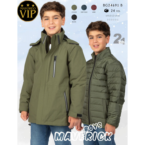 Chamarra Niño 2 en 1Rompevientos + Acolchada | Térmica, Impermeable, Ligera y Calientita Dos chamarras en una(doble vista ó se separa una de la otra.)  Cómoda y ligera.  Venta al por mayor BG24691 B 