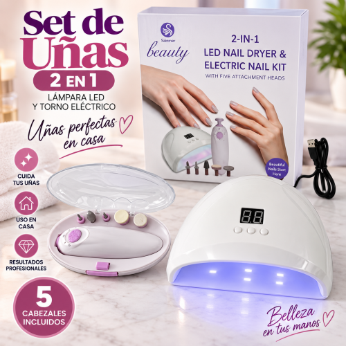 Set de uñas 2 en 1 con lámpara LED y torno eléctrico, ideal para manicure y cuidado de uñas. Venta por mayoreo