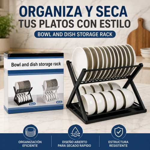 Organizador y escurridor para platos y tazones de dos niveles, ideal para mantener vajilla ordenada en la cocina. Venta por mayoreo