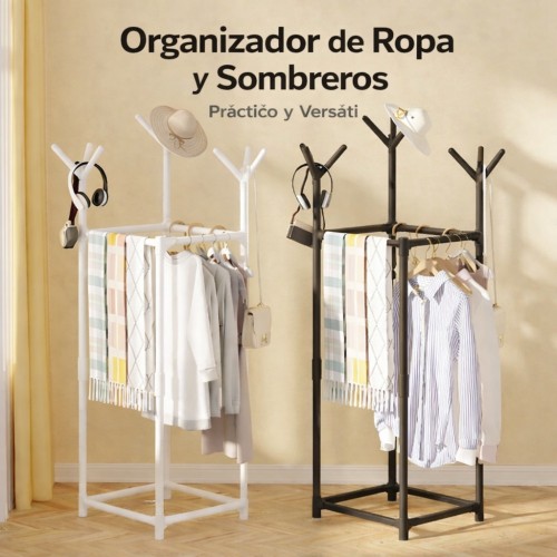Perchero multifuncional con ganchos y barra para ropa, diseño vertical compacto, ideal para mayoreo, BH-21245 Perchero multifuncional con ganchos y barra para ropa, diseño vertical compacto, ideal para mayoreo, BH-21245