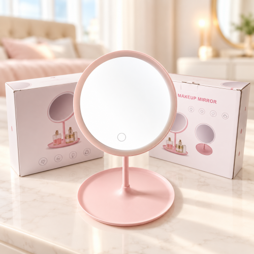 Espejo de maquillaje con luz led táctil y base organizadora, diseño redondo y giratorio, ideal para tocador o uso diario, venta por mayoreo