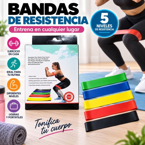 Bandas de resistencia en 5 niveles identificados por color, ideales para ejercicio y entrenamiento físico. Venta por mayoreo