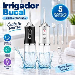 Irrigador bucal portátil con depósito transparente y boquillas intercambiables, ideal para higiene bucal en casa. Venta por mayoreo