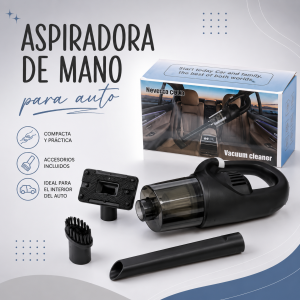Aspiradora de mano compacta color negro con depósito transparente y accesorios incluidos (boquilla y cepillo). Ideal para uso en auto. Venta por mayoreo