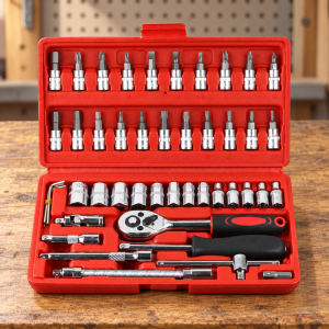 Juego completo de herramientas 46 piezas. Incluye matraca, dados y puntas múltiples. Estuche portátil y resistente. Ideal para hogar o taller. Venta al por mayor