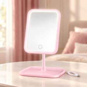 Espejo de maquillaje LED cuadrado con luz, control táctil, ángulo ajustable y carga USB. Ideal para arreglo personal. Venta por mayoreo