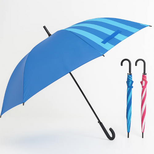 Sombrilla de bastón rayada 70 cm con 8 varillas (8K), mango curvo y diseño a rayas multicolor, ideal para lluvia o sol, modelo BLZ-01002, venta por mayoreo