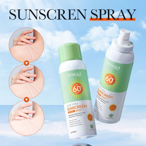 Protector solar en spray Bioaqua Aloe Vera alta protección contra rayos, fórmula reparadora con extracto de aloe, hidratante y refrescante, ideal para uso diario en rostro y cuerpo, acabado ligero y apto para piel sensible 150 ml. Mayoreo NO.BQY33208