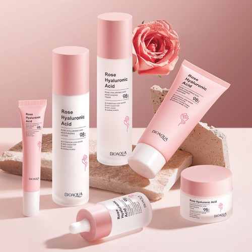 Set facial Bioaqua con ácido hialurónico de rosa, kit hidratante con crema, sérum, limpiador y loción nutritiva, cuidado de la piel, venta por mayoreo BQY42620