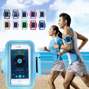 Brazalete deportivo para celular de 4.7 a 5.2 pulgadas con ventana transparente y correa ajustable, ideal para ejercicio. Colores variados. Venta por mayoreo