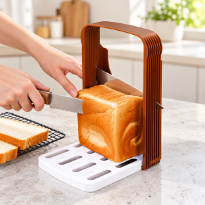 Rebanador manual de pan con guía para realizar cortes uniformes, ideal para usar en cocinas, panaderías y hogares. Venta por mayoreo
