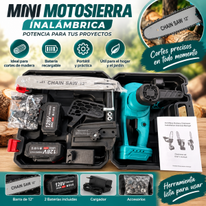 Mini motosierra inalámbrica de 12 pulgadas, 2 baterías 68V, cargador y accesorios, ideal para cortes de madera. Venta por mayoreo