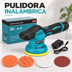 Pulidora inalámbrica recargable 21V con accesorios de pulido. Ideal para auto, hogar y mantenimiento. Por mayoreo