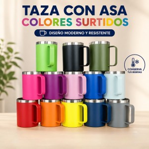 Termo con asa 12 oz en colores surtidos, ideal para bebidas de uso diario. Venta por mayoreo