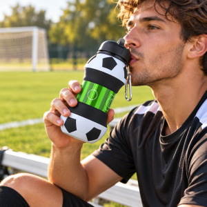 Vaso Plegable Esférico de Silicona de 200 ml con Diseño de Balón de Fútbol y Mosquetón – Por Mayoreo