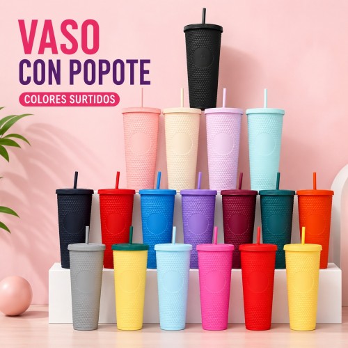Vaso con simulación de lentejuelas de goma 710ml, acabado mate, colores surtidos, tapa y popote. Venta por mayoreo