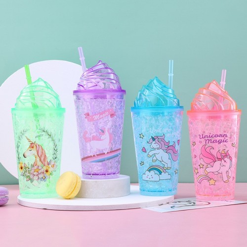 Vaso de acrílico de 450ml con tapa y popote diseño de unicornio con luz BZ10