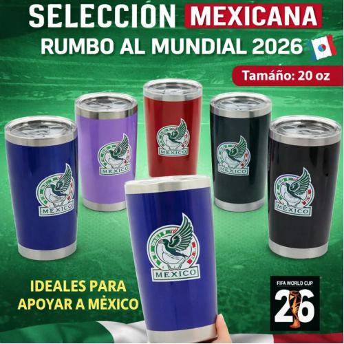 Termo de acero inoxidable de 20 oz con diseño de la Selección Mexicana, ideal para bebidas frías o calientes. Venta por mayoreo BZ414