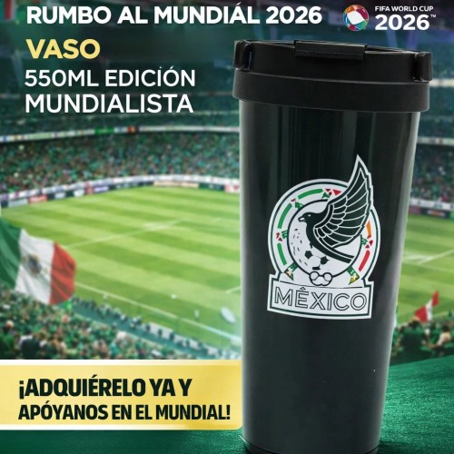 Vaso térmico de 550 ml edición de la Selección Mexicana de fútbol, inspirado en la Copa Mundial. Ideal para café y bebidas. Venta por mayoreo BZ415