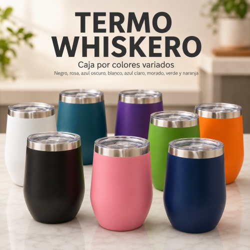 Termo tipo whiskero 12oz con tapa, ideal para bebidas frías o calientes en casa, oficina o viaje. Colores variados. Venta por mayoreo