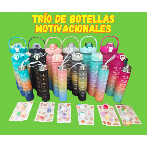 Trío de botellas de agua motivacionales Juego 3 PZS,  2000ml+900ML+ 280ML,con pegatinas