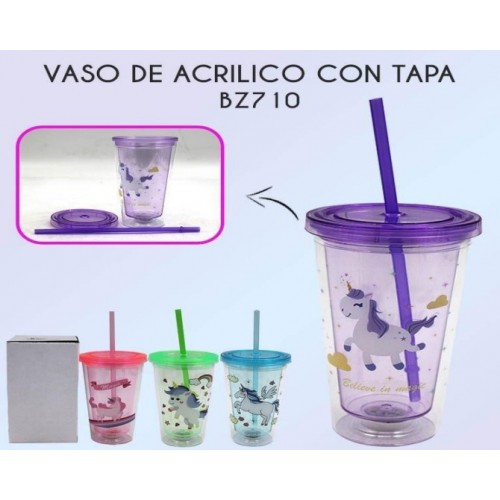 Vaso de acrílico con tapa de hidrogel y luz led de 450ml y diseño de unicornio BZ710