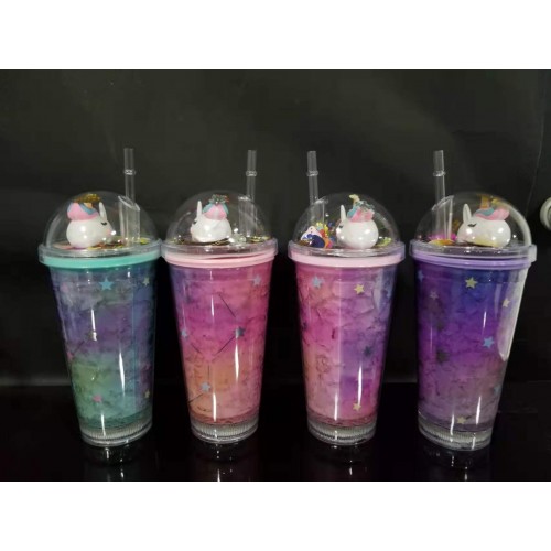 VASO DE ACRILICO CON TAPA,CON LUZ LED,DISEÑO DE UNICORNIOS Y ESTRELLAS,DE 450ML BZ756