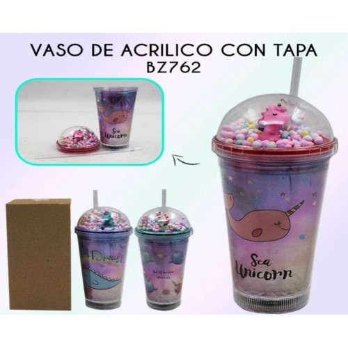 Vaso de acrilico diseño infantil de ballena con luz tapa y popote 460ml BZ762