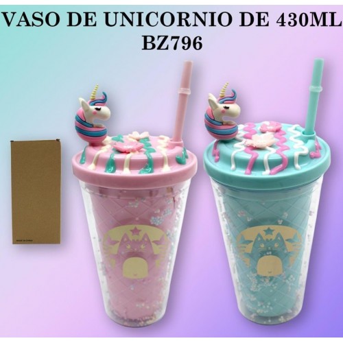 Vaso de plástico con tapa y popote, con unicornio 430ml BZ796