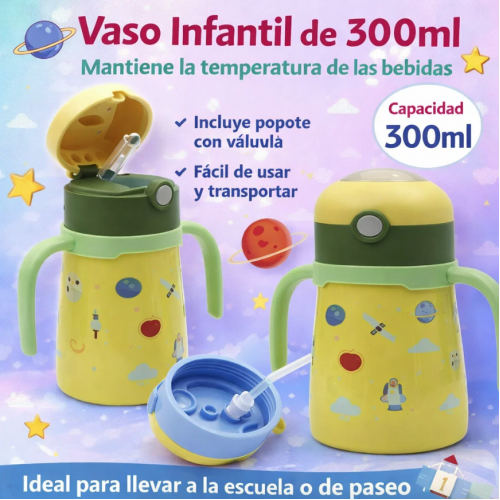 Vaso infantil de 300 ml con popote, ideal para mantener bebidas a temperatura adecuada. Diseño animado y tamaño perfecto para niños para uso diario en casa o escuela. Venta por mayoreo BZ813