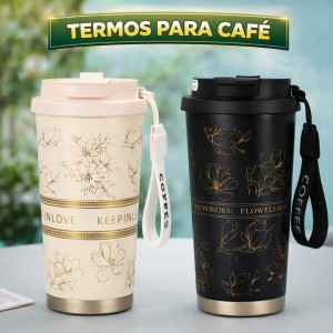 Termo para Café Portátil con Diseño Floral y Correa Venta por Mayoreo BZ818