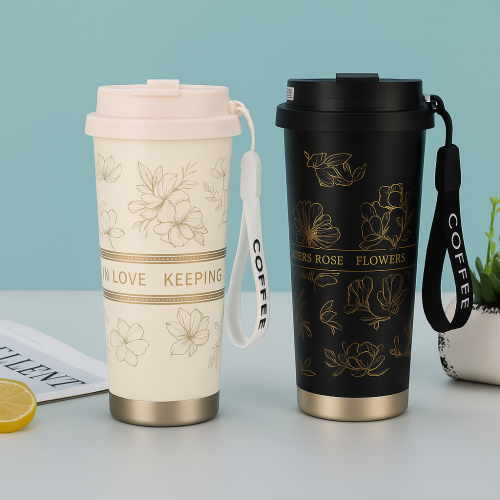 Termo de acero inoxidable con diseño floral y correa portátil – Botella térmica con tapa hermética para café, té y bebidas de 500ml,  Por Mayoreo BZ818