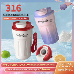 Vaso térmico reutilizable con tapa abatible y lector de temperatura 420ml, vaso portátil que mantiene la temperatura de bebidas, para niños y jóvenes. Venta Por Mayoreo BZ822