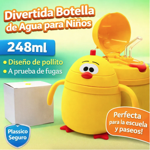 Botella de agua infantil con diseño en forma de pollo, ideal para niños. Diseño divertido con tapa, perfecta para escuela, paseos y uso diario. Venta por mayoreo