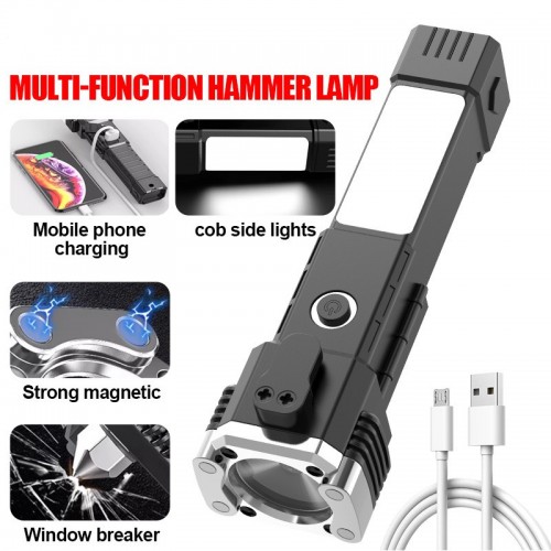 Lampara linterna con martillo de seguridad multiusos para vehículos, martillo para romper ventanas de automóviles, linterna de emergencia para exteriores recargable USB C-6