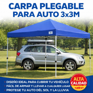Carpa plegable 3x3 metros ideal para auto, eventos y exteriores. Incluye bolsa para guardar en el carro. Colores azul y rojo. Venta por mayoreo