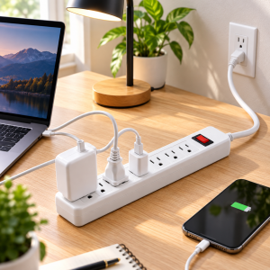 Multicontacto de 6 contactos con interruptor, protección contra sobretensión y cable de 1.87 m. Medidas de 25 × 4.5 cm. Venta por mayoreo