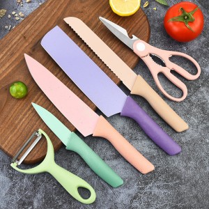 Juego de cuchillos de seis piezas de paja de trigo color macarrón, cuchillo de cocina para el hogar para cortar carne, juego de cuchillos con caja de regalo de acero inoxidable  CJ-2002